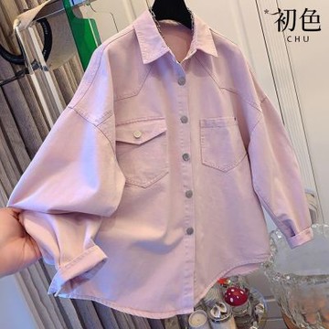 初色 慵懶風寬鬆純色單排釦胸口袋翻領長袖落肩袖牛仔襯衫上衣女上衣-共2色-14785(M-XL可選)