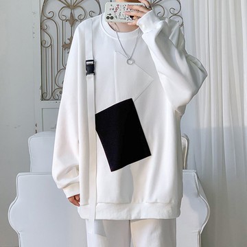 衛衣長袖T恤織帶打底衫港風設計感黑白補丁時尚上衣春潮牌潮流秋款