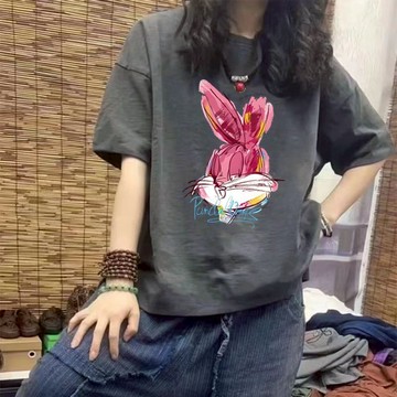 伊人衣舍 100%純棉 女生衣服 t恤短袖 夏天衣服 寬鬆上衣 oversize 顯瘦上衣 印花 T恤 短袖上衣女