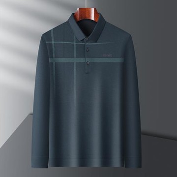 春秋新款中老年男士翻領冰絲長袖T恤老人寬松打底衫中年薄款上衣