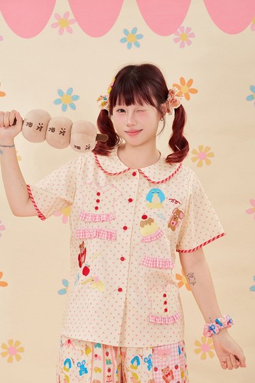夏日物語 娃娃領動物刺繡花邊襯衫 百搭可愛少女