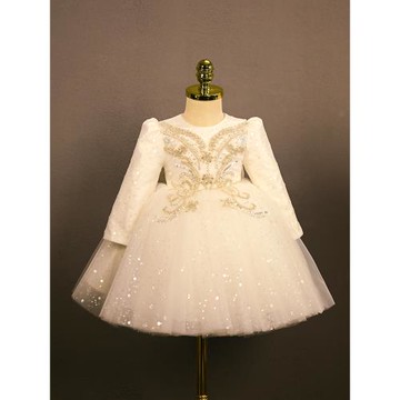 兒童婚紗公主裙花童白色春季禮服婚禮長袖寶寶生日宴高端洋氣女童