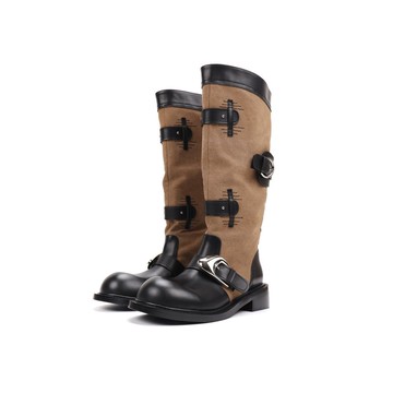 notdetailed原創 牛仔布騎士靴子 棕色圓頭粗跟中筒靴