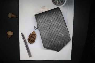 灰色叶子印花100%桑蚕丝领带时尚型男necktie