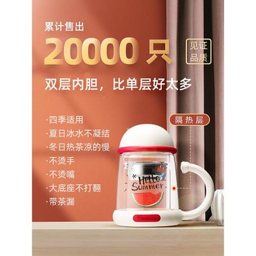 杯具熊玻璃杯雙層帶蓋西瓜芝麻街大圣小丸子kitty貓隔熱花茶杯子