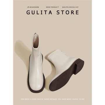 古莉塔法式白色短靴女2025秋冬新款百搭彈力瘦瘦靴平底厚底裸靴女