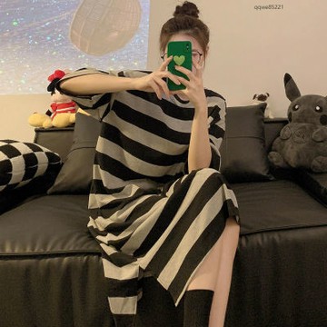 大尺碼 大碼睡衣女 胖mm2-300斤睡裙女夏天短袖睡衣條紋可外穿大碼寬鬆240家居服長裙