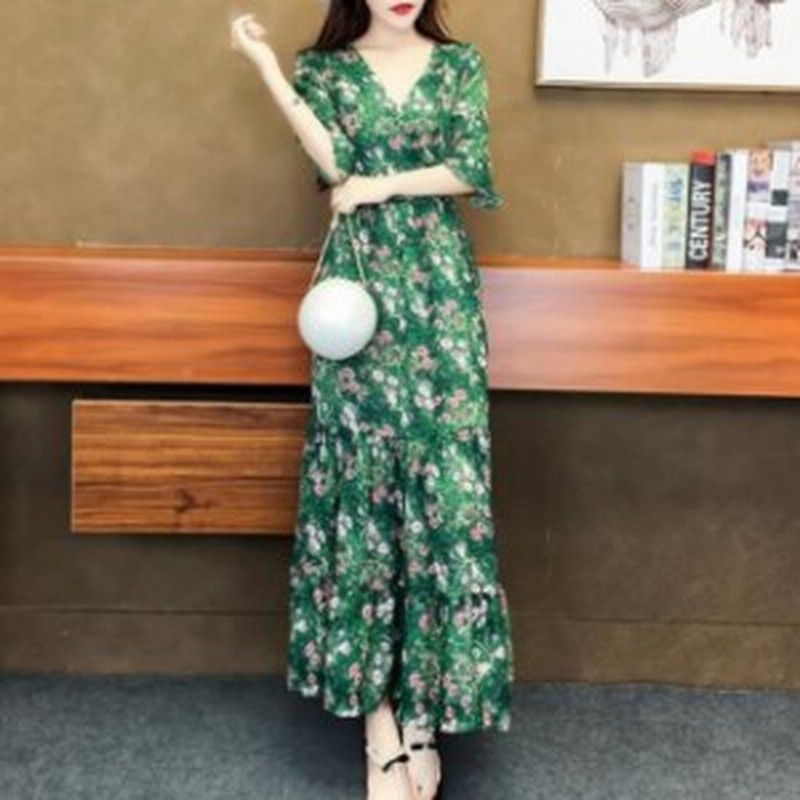 マキシワンピース レディース リゾートワンピース 花柄 Vネック グリーン 7分丈袖 ハイウエスト 体型カバー レトロ Xライン フレアスリー 通販 Lineポイント最大1 0 Get Lineショッピング