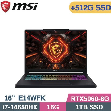 MSI 微星 Crosshair 16 HX E14WFK-013TW 黑(i7-14650HX/16G/1TB+512G/RTX5060-8G/W11/16)特仕筆電