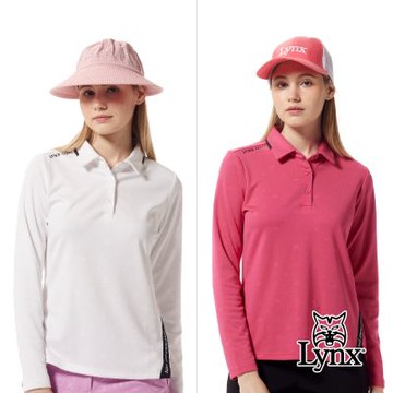 【Lynx Golf】女款合身版吸濕排汗雙面緹花下擺開杈配色領片造型長袖POLO衫/高爾夫球衫(二色)