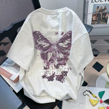 美式復古 蝴蝶 短袖 純棉 t恤 美式上衣 寬鬆上衣 顯瘦上衣 印花 t恤 重磅 t恤 設計感上衣 潮牌 t恤 個性上衣