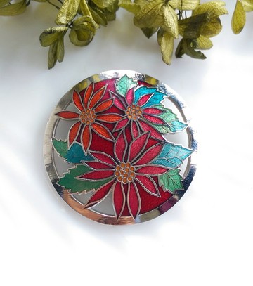 Vintage Jewelry 景泰藍風格 紅花 花卉 大別針 胸針