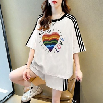 臺階貨物 胖MM夏季韓版顯瘦運動套裝女大碼圓領短袖短褲潮流 女生套裝 貨物套裝 大碼套裝 短褲兩件套 JC085