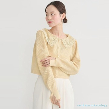 【earth music】復古鏤空蕾絲翻領短版罩衫