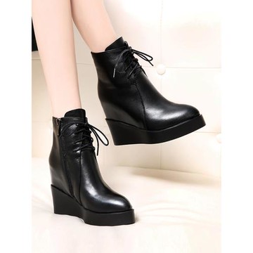 坡跟短靴女真皮2025年新款春秋單靴女士厚底內增高10公分馬丁靴