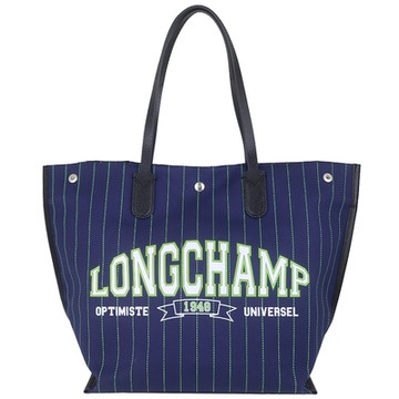 Longchamp Essential 藍色條紋帆布皮邊雙造型肩背托特包