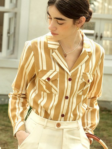 Mintcheese 法式度假卡其黃豎條紋西服領寬鬆襯衫