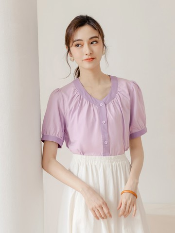 棉質撞色V領開釦泡泡袖上衣