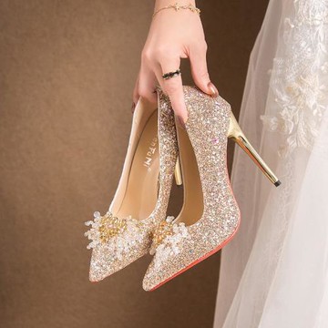 大碼女鞋41一43婚鞋水晶2024新款高跟鞋女細跟主婚紗新娘氣質4445