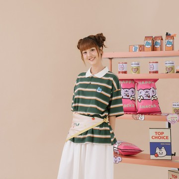 QUEENSHOP_S 女裝 短袖 波波冰狗室 條紋刺繡角色POLO領上衣 兩色售 現+預 【01060082】