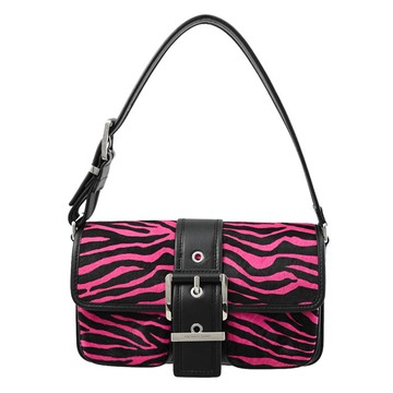 MICHAEL KORS COLBY 金屬穿扣LOGO虎紋絨毛花紋翻蓋單肩包.黑/桃