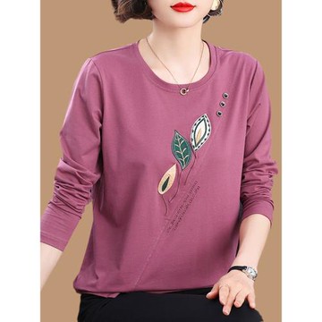 純棉長袖t恤女大碼中年媽媽洋氣小衫春秋紫色上衣寬松打底衫外穿