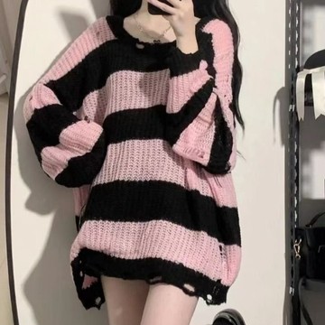 毛衣女 | 春秋中長款寬鬆慵懶風條紋針織衫 | 圓領外套上衣外穿百搭休閒日韓破洞款