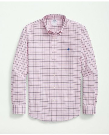 Brooks Brothers Men's Stretch Cotton Non-Iron Oxford Polo Button Down Collar, Tattersall Shirt | Pink | Size XS