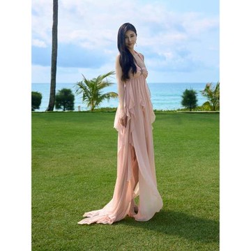 度假超仙長裙名媛三亞拍照掛脖抹胸露背不規則雪紡連衣裙高級感