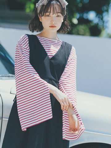 2WAY袖開扣設計橫條紋純棉圓領長袖T恤(FF34L1C0180) - ehka sopo