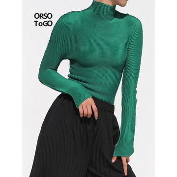 褶皺女上衣秋冬新款半高領打底衫長袖女t恤修身大碼輕熟顯瘦性感