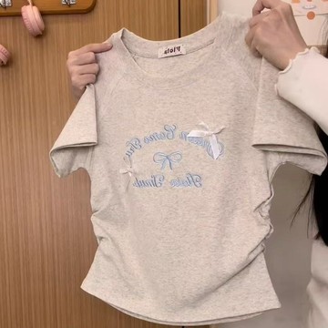 🌸YR🌸 兒童短袖 女童短袖T恤 中大童短袖 收腰顯瘦上衣刺繡字母蝴蝶結正肩短袖新款T恤修身短款中大童上衣