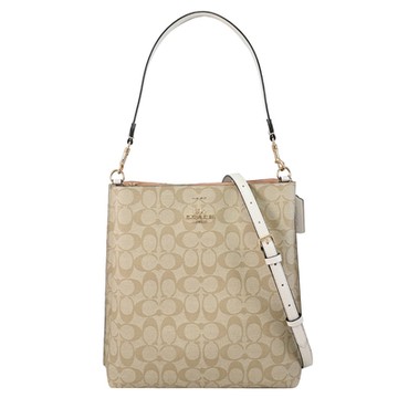 COACH MOLLIE 經典馬車LOGO印花雙層兩用水桶包(卡其/白 大)