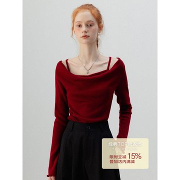 EGGKA新年紅色針織上衣女設計感修身蕩領長袖假兩件T恤打底衫