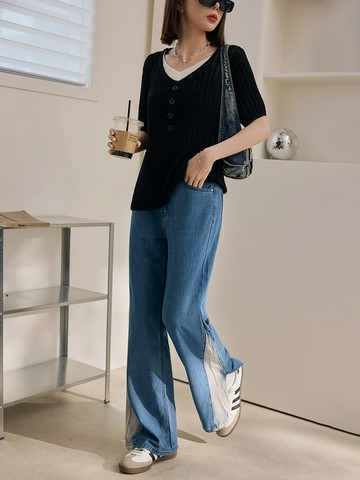 棉質褲管撞色拼接開衩牛仔寬褲