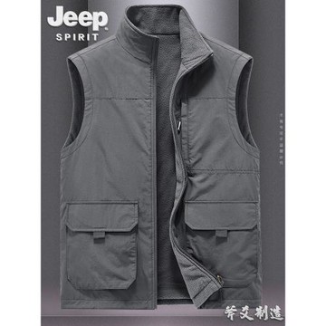JEEP吉普馬甲搖粒絨雙面穿男秋冬季工裝坎肩背心加絨加厚保暖外套
