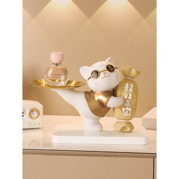 創意招財貓入戶玄關鑰匙收納擺件客廳開業托盤裝飾品喬遷新居禮品