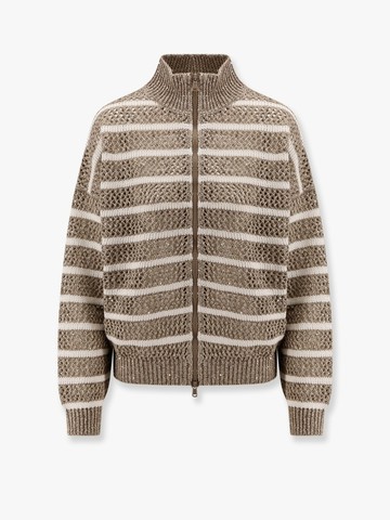 Dazzling striped net linen blend cardigan with sequins - BRUNELLO CUCINELLI - gender_Woman