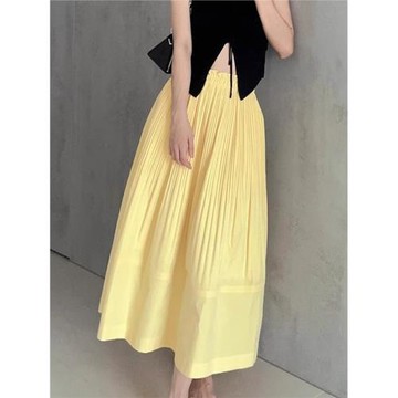 超好看黃色壓褶高腰肌理感半身裙女春夏法式時尚休閑氣質A字長裙