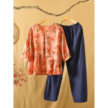 大碼洋氣棉麻兩件套七分袖V領碎花上衣九分哈倫褲減齡時尚套裝女