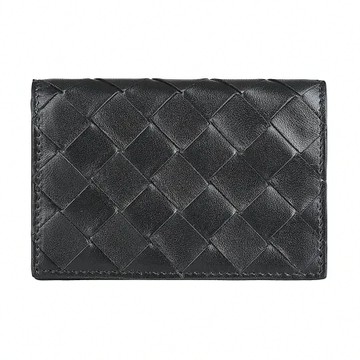 BV BOTTEGA VENETA Intrecciato內裡壓印LOGO小編織格紋設計小羊皮2卡釦式卡包(黑)
