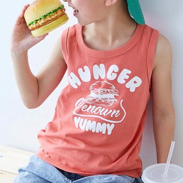 日本 devirock - 100%棉 定番印花無袖上衣-漢堡-珊瑚橘