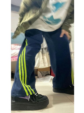 美式高街三條杠運動衛褲女秋冬季加絨加厚休閑設計感闊腿拖地褲子