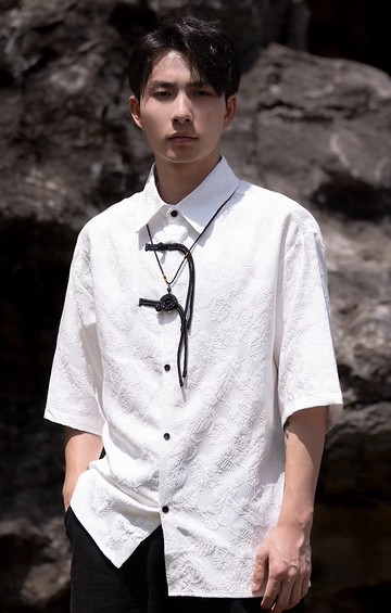 新中式復古 撞色盤扣提花短袖襯衫