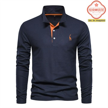 【小鹿刺繡】男士POLO衫 長袖T恤 男裝上衣 春秋新款 商務休閒 翻領設計 純棉面料 時尚百搭 通勤日常