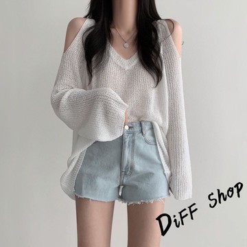 韓版氣質V領露肩寬鬆慵懶針織上衣【W422】