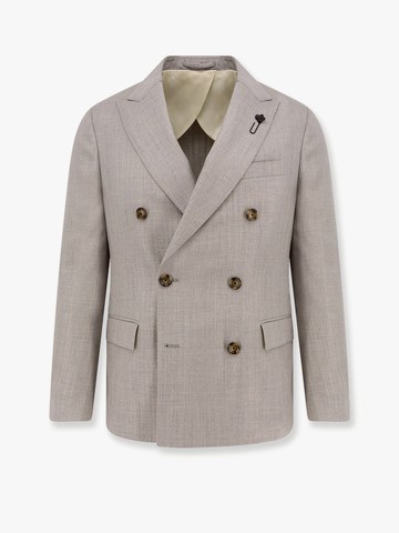Double-breasted wool blend blazer with iconic brooch - LARDINI - gender_Man