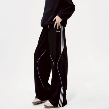 美式條紋休閒褲寬鬆闊腿運動長褲子