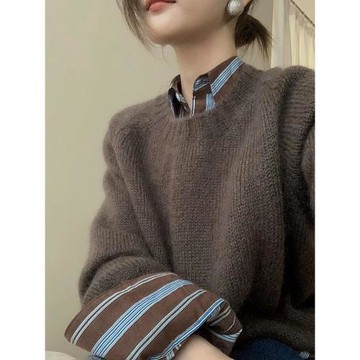秋裝新款美拉德薄款毛衣慵懶超好看別致寬松內搭條紋襯衫套裝2025