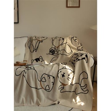 針織兒童小貓咪高檔樣板房純棉搭毯搭巾蓋毯素色沙發巾床尾毯床